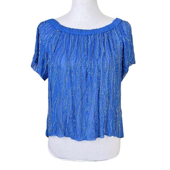 Parker NWT Royal Blue Beaded Embellished Off the Shoulder Sheer Top - Picture 5 of 16